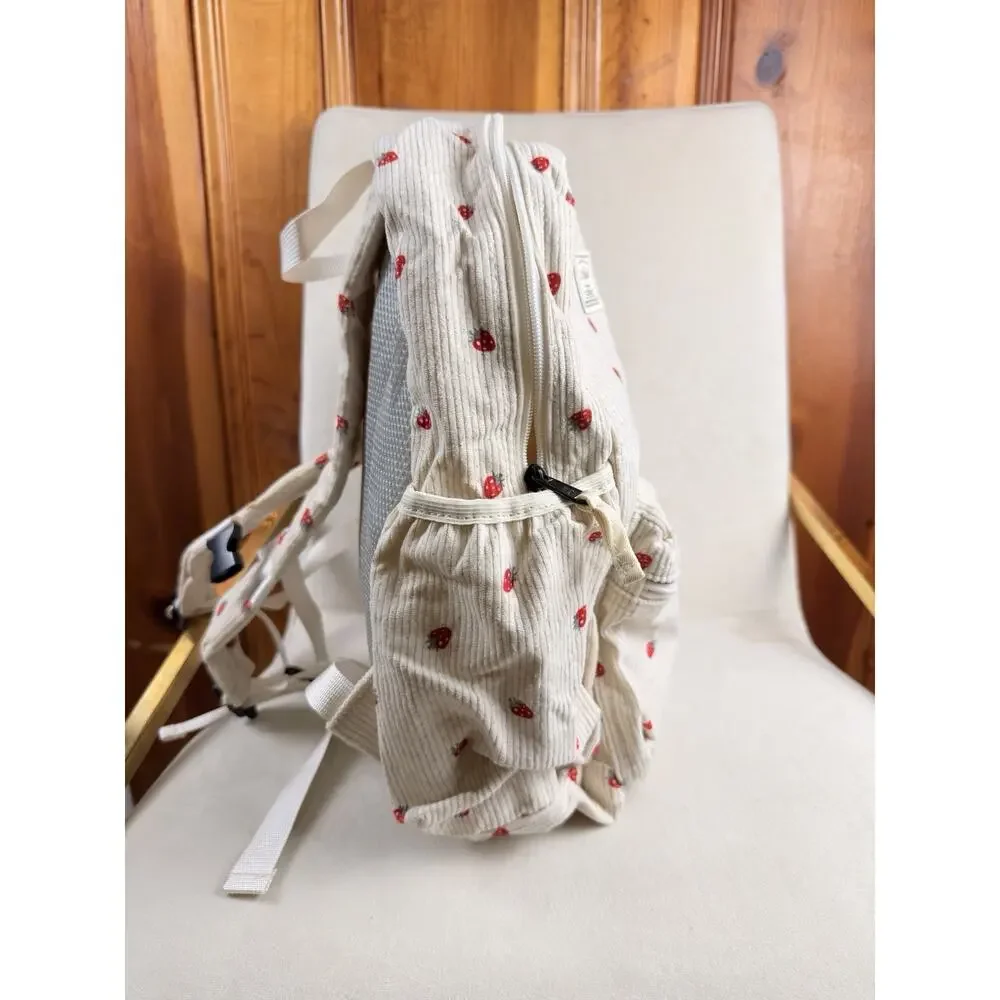 Miqah Mini Corduroy Strawberry Backpack Cream/Red Zip Pockets Adjustable Straps